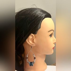 Silver tone w/blue,brown, silver beads-hoop pierced earrings